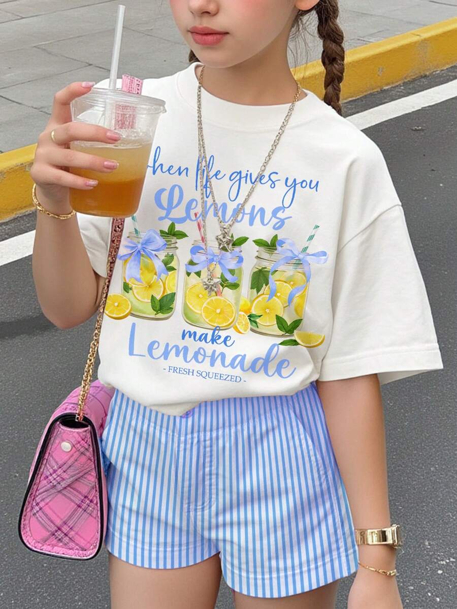 SHEIN Leap Crew Teen Girls' Casual Pattern Short Sleeve T-Shirt, Suitable For Summer Lemonade Shirt Kids Teen Girls Summer Clothes Cute Summer T Shirts Lemonade T-Shirt Kids Graphic Tees