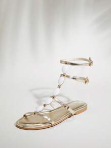 SHUZIA Phụ nữ Thoải mái Hàng ngày Mùa hè Dễ thương Kỳ nghỉ Thường ngày Đá Trang trí Dép đế bằng - Màu be - Xem 3