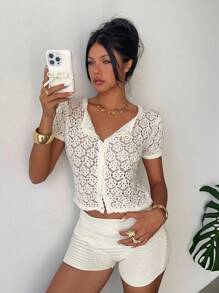 Aloruh Women's Sexy Cute Button Up Crop Top And Low Waist Mini Short Crocheted Beach 2 Pieces Set,Island Vacation Outfits Women,2 Pieces Sets Woman - White - View 4