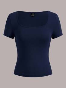 SHEIN EZwear 3件装女士藏青色、浅蓝色和白色短袖露脐修身休闲T恤，适合夏季外出穿着 - 彩色 - 查看 4