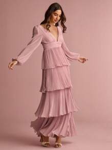 Enchnt Summer Romantic Women's PinkDeep V Neck Lantern Sleeve Layered Ruffle Hem Maxi Dress,Sweet&Elegant For Vacation&Date&Holiday&Birthday&Party&Graduation&Wedding Guest&Beach,Prom Dress,Summer Dresses For Women,Sun Dresses For Women,Summer Clothes,Summer Outfits For Women,Elegant Dresses For Party, - Dusty Pink - View 6