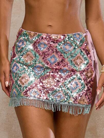 Glamine 女士流苏腰系带迷你裙，性感沙滩/度假风格