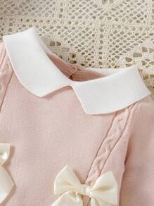 Souflis Souflis 女婴毛衣，针织高领长袖连脚连体衣，秋冬舒适，手工蝴蝶结装饰，优雅的有线设计，适合日常穿着，室内、户外、旅行，黄色/浅黄色 - 粉色 - 查看 6