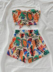 Soleia 2 件女士热带植物印花前扭纹抹胸上衣和短裤夏季度假套装