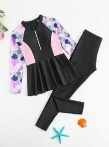 Conjunto de ropa de baño para niñas preadolescentes con parte superior tipo tank top de estampado tropical retazos y Bottom bikini, y bañador de manga larga, talla 8 a 9 años, conjunto de ropa para niñas pequeñas, conjunto de dos piezas para niñas, conjunto de ropa para niñas