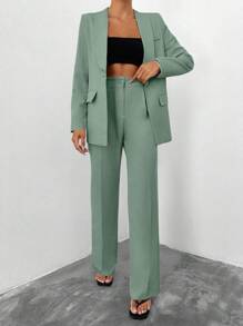 SHEIN Conjunto de chaqueta y pantalones de mujer con cuello de chal de unicolor y manga larga