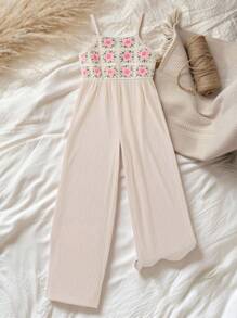 SHEIN Vintaside Kids Tween Girls' Floral Print Wide Leg Jumpsuit - Apricot - View 10