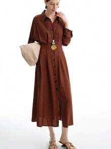 Aalyst Vintage French Long Sleeve Button-Up Pleated Back Elegant Slim Fit Shirt Dress For Women/African Dresses For Women/Linen Midi Dress/Bandage Dresses/Fall/Back To School/Winter,Thanksgiving/Modest Dresses For Women
