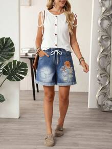 EMERY ROSE Women's Floral Embellished Drawstring Waist Insert Pockets Loose Denim Shorts - Blue - View 6