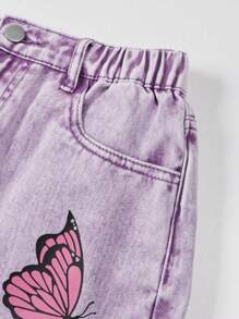Teen Girl Purple Butterfly Print Denim A-Line Skirt, Medium Waist, Loose Fitting, Personalized Street Style Casual Retro Fashion Sweet Design - Purple - View 4