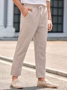 Manfinity VCAY 男士休闲梭织条纹松紧腰七分裤男条纹亚麻裤男条纹裤男夏季裤子男亚麻长裤细条纹裤男亚麻裤男夏季裤子男长裤 - 杏色 - 查看 5