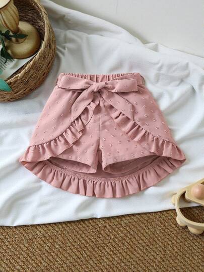 SHEIN Vintaside Kids Young Girl Pastel Pink Solid Color Vacation Style Shorts With Ruffle Hem, Basic And Versatile For Summer,Holiday,Summer,Travel