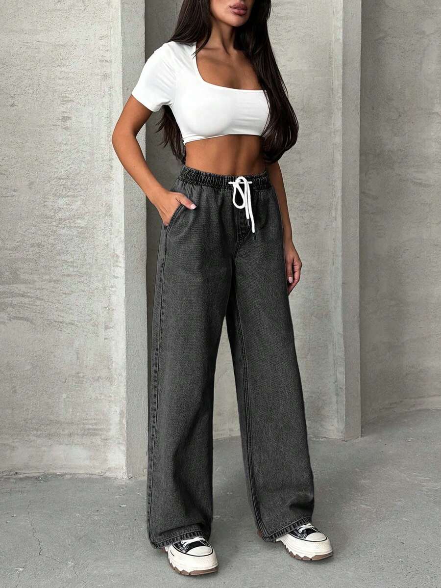 EURMUSE Casual Washed Drawstring Waist Straight Leg Jeans - Dark Grey - View 1