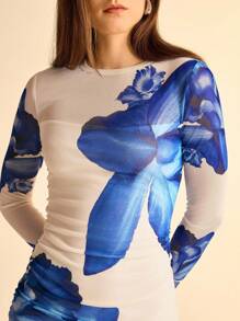 CAJUNI 女式波西米亚风热带花卉印花蓝色迷你连衣裙，休闲度假夏装