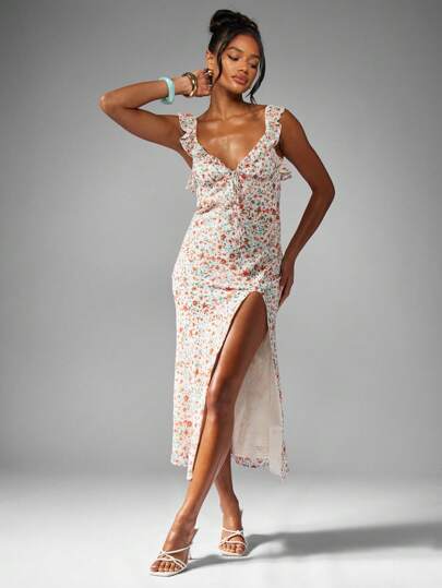 Splash Print One SHoulder Cut Out Thigh High Slit Maxi Dress