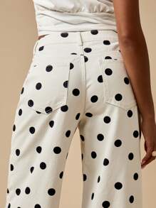 MISSGUIDED Polka Dot Wide Leg Jeans High Waisted Cotton Pants Retro Style Spring Fall Fashion Statement Bottom Wear - Black and White - View 5
