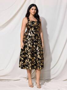 SHEIN MOD 大码复古黑色天鹅绒烫花长裙、派对礼服、闪亮面料、女士夏/秋装连衣裙、生日礼服、优雅派对礼服、女士生日礼服、派对、万圣节服装