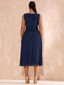 SHEIN BAE 大码女式黑色网眼优雅中长紧身 A 字针织连衣裙，适合毕业典礼、婚礼、法式风格、晚礼服、生日、伴娘、简约优雅的日常/婚礼/伴娘礼服、鸡尾酒会礼服 - 藏蓝色 - 查看 2