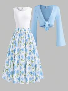 3 件套休闲青少年/年轻女孩秋季长袖上衣，简约白色背心，优雅花卉印花迷你裙，度假乡村风格，小巧 - 淺藍色 - 查看 3