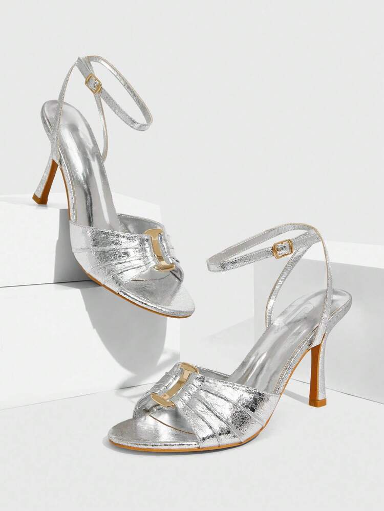 CUCCOO SZL Women Fashion Sexy Round Toe Strap Metallic Ankle Strap Summer Date Glamorous Metallic High Heel Sandals