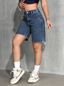 SHEIN PETITE 女式宽松休闲百慕大牛仔短裤，带口袋 - 藍色 - 查看 3