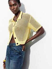 Maija Áo khoác cardigan len cổ tròn dáng rộng trễ vai mùa thu 2025, áo khoác ngoài công sở khoét lỗ phong cách du lịch cho nữ, đồ đi biển - Màu vàng - Xem 4