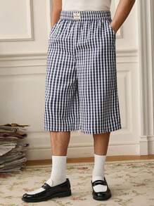 Manfinity VCAY Men Loose Letter & Striped Patch Pocket Wide Leg Knee Length Shorts - Black and White - View 3