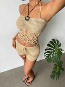 Aloruh Women's 2 Pieces Set: Apricot Crochet Spaghetti Strap Top And Ultra Low Waist Mini Floral Print Shorts, New Arrival Spring/Summer Vacation Outfit - Apricot - View 7