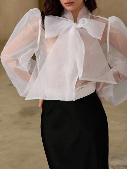Revavyn French Classic Romantic Organza Sheer Sexy Bowknot Puff Sleeve Women's Pullover Long Sleeve Blouse, Ladies' Spring Summer Apparel Fall Cloth For Women