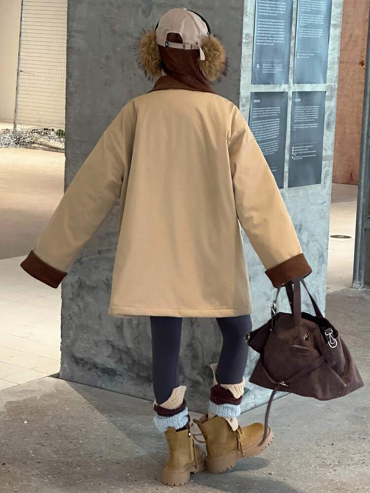 Teen Girls' Colorblock Patchwork Long Sleeve Padded Coat, Casual Street Style For Winter
