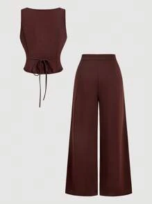 SHEIN MOD 纯色方领修身无袖上衣和阔腿裤优雅套装 - 棕色 - 查看 2