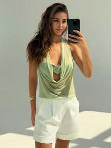 Aloruh New Sexy Semi-Sheer Plunging Neck Metal Decor Open Back Camisole,Off The Shoulder Top