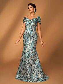 Serin Váy đuôi cá hoa 3D tay áo bằng vải satin Jacquard sang trọng thanh lịch, thích hợp cho tiệc cưới, tiệc độc thân, kỳ nghỉ, vũ hội, dạ hội, váy dạ hội cho mẹ cô dâu - Nhiều màu - Xem 4
