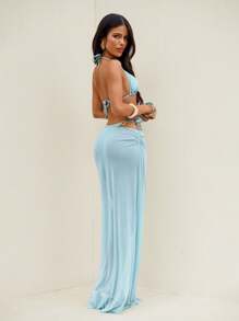 Swim Chiccia 3pcs/Set Top de Bikini con Cuello Halter y Lazo, Braguita Triangular y Pareo Casual de Playa para Mujer, Traje de Baño para Vacaciones de Verano en la Playa - Azul - Ver 3