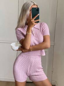 DAZY 2 件套针织领修身短袖上衣和短裤套装，休闲女装睡衣 - 粉色 - 查看 3