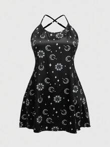 ROMWE Plus Size Women Gothic Dark Moon & Star Jacquard Satin Sheer Back-Cross Camisole Sleepwear, Summer - Black - View 5