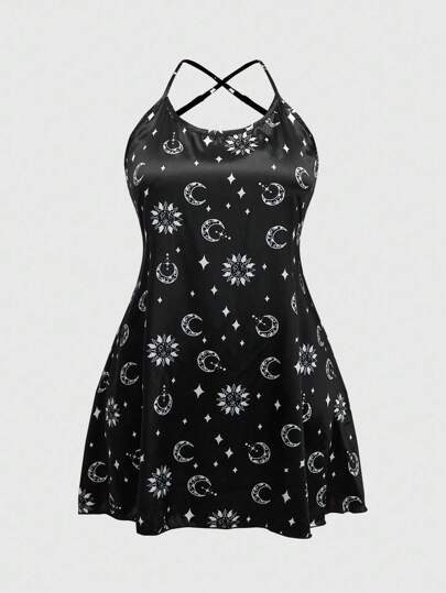 Goth Plus Size Women Gothic Dark Moon & Star Jacquard Satin Sheer Back-Cross Camisole Sleepwear, Summer