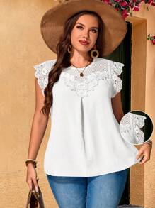 EMERY ROSE Plus Size Women Water-Soluble Lace Tunic Tops Dressy Blouses , Vacation Summer - White - View 5