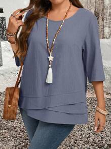 EMERY ROSE 大码不对称下摆绿色乡村衬衫秋装 - 藍色 - 查看 8