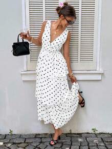 Siren Gaze Quần áo nữ mùa thu - Váy suông cổ yếm xếp nếp họa tiết chấm bi thanh lịch cho nữ, phong cách mới 2025! Đầm midi mùa hè phong cách Old Money chấm bi đen trắng, thiết kế xếp tầng, hoàn hảo cho hẹn hò, trà chiều, mặc hàng ngày, đi làm và đi chơi. Những món đồ thiết yếu mùa thu cho quý cô sành điệu - trắng - Xem 1