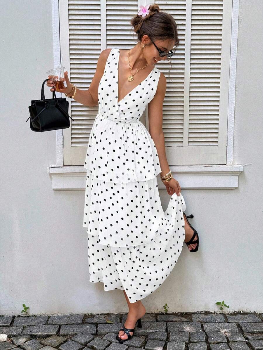 Siren Gaze Quần áo nữ mùa thu - Váy suông cổ yếm xếp nếp họa tiết chấm bi thanh lịch cho nữ, phong cách mới 2025! Đầm midi mùa hè phong cách Old Money chấm bi đen trắng, thiết kế xếp tầng, hoàn hảo cho hẹn hò, trà chiều, mặc hàng ngày, đi làm và đi chơi. Những món đồ thiết yếu mùa thu cho quý cô sành điệu - trắng - Xem 1