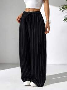 SHEIN EZwear Women's Casual Black Linen Striped Loose For Holiday Women Striped Wide Leg Pants - Black - View 6