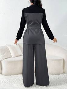 Mulvari 2 件套拼色不对称下摆休闲通勤装 2 件套 - 深灰色 - 查看 5