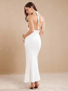 L'Amorae Women's Floral Print Halter Backless Dress - White - View 5