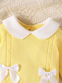 SHEIN Bộ đồ liền thân dài tay cổ lọ dệt kim cho bé gái, bộ đồ liền thân không chân, ấm áp và thoải mái, thiết kế nơ thanh lịch, phù hợp cho mùa thu/đông, màu vàng/vàng nhạt, đa năng cho hàng ngày, trong nhà, ngoài trời và du lịch - Màu vàng - Xem 5