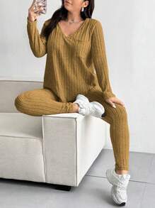 Vionelle 大码女式纹理条纹V领长袖上衣和裤子套装，休闲 - 棕色 - 查看 6