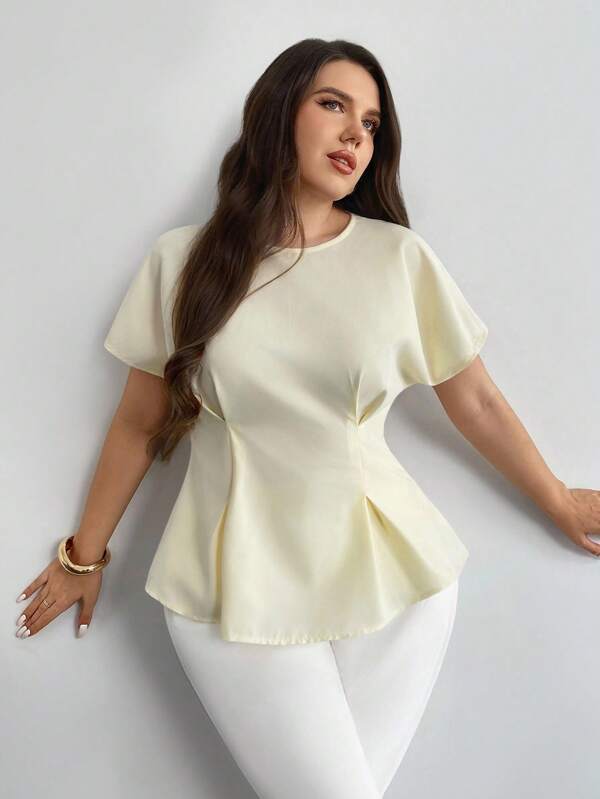 Firerie Blusa de talla regular y plus size con escote redondo, manga corta, pliegues en la cintura, textura de bambú en color amarillo albaricoque, versátil para uso en vacaciones, graduación y ocasiones como San Valentín, conciertos, citas, cenas formales, fiestas, bodas, con un estilo elegante, sexy y apropiado para la oficina, la playa y talla grande