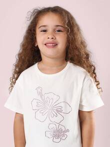 SUMWON Kids T-Shirt Ribbed Cotton Crystal Flower Print Short Sleeve Casual Summer Top Holiday Rhinestone Detail Girls Fashion Wear - White - View 3