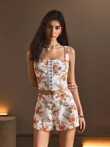 SHEIN BAE 女式优雅花卉印花无袖牛仔夏季衬衫 - 白色 - 查看 4