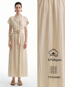 Aalyst 女士亚麻杏仁色金属扣腰短袖衬衫裙，简约长裙 - 杏色 - 查看 1